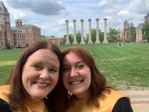 Associate Professor Ginny Ramseyer Winter poses with MSW student Grace Nielsen after the Mortar Board ceremony as part of Tap Day on Friday, April 28, 2023.