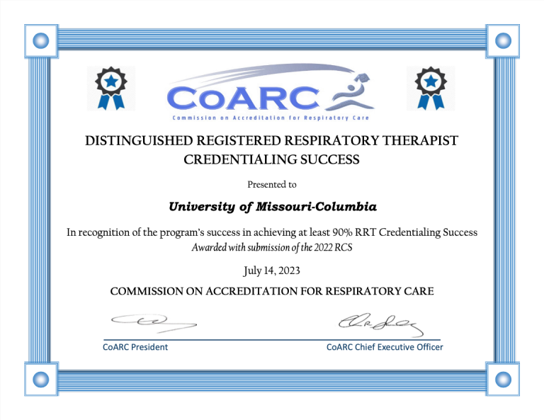 Respiratory Therapy Recognized For Credentialing Success College Of   200033 RRT SUCCESS AWARD CERTIFICATE For 2023 768x593 