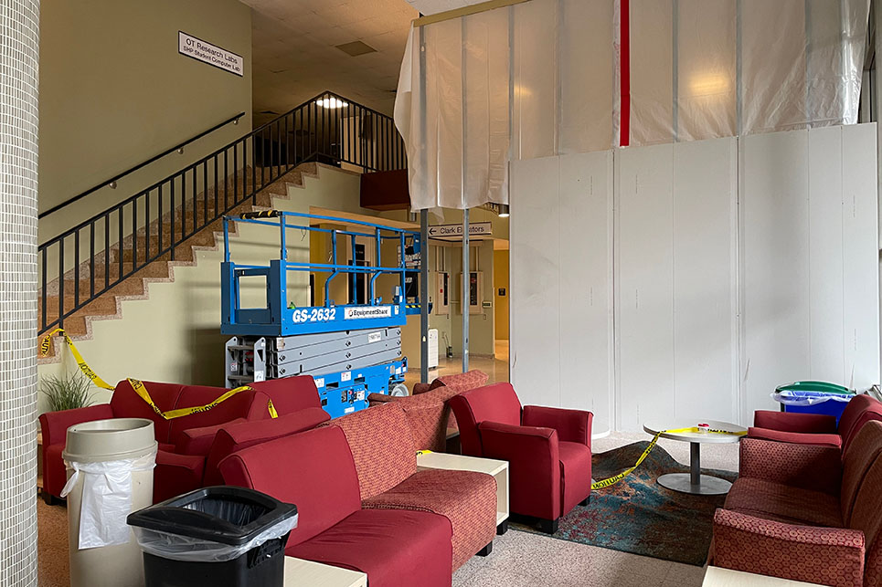 Crews installed temporary walls in the Clark Hall lobby on Wednesday, Aug. 23.