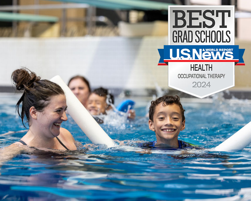 women in pool teaching boy to float on his back - US News and World Report best graduate schools badge overlay