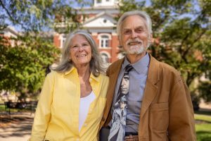 Leonard and Barbara Bush stand near Jesse Hall on the University of Missouri campus.