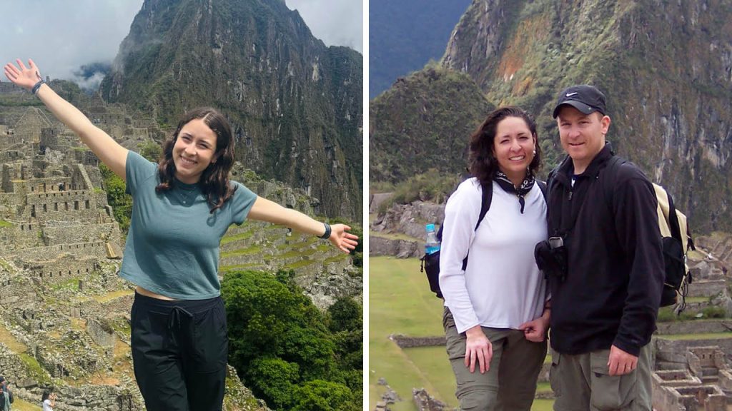 Side-by-side photos show a young woman and her parents standing at the top of Machu Picchu
