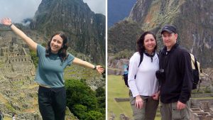 Side-by-side photos show a young woman and her parents standing at the top of Machu Picchu