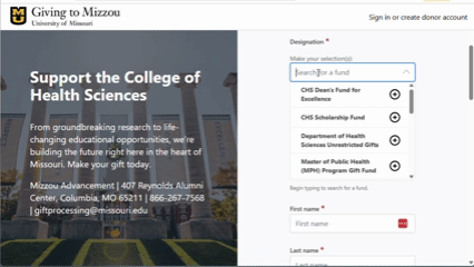 gif showing user typing words into "Designation" field to pull up a specific gift fund