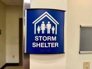 A storm shelter sign